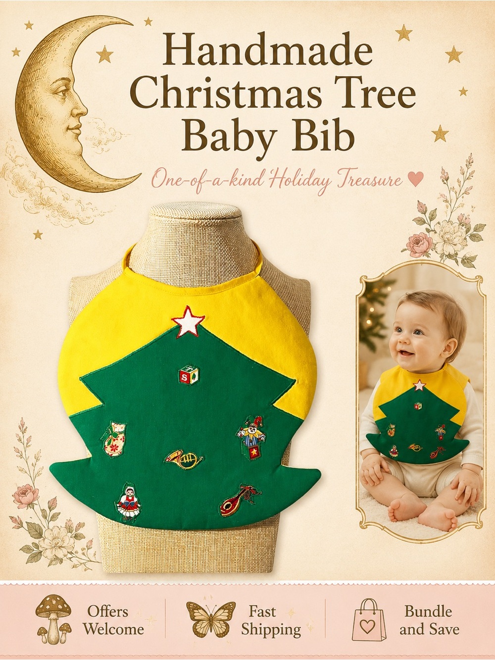 Handmade Christmas Tree Baby Bib Vintage Holiday Infant Bib